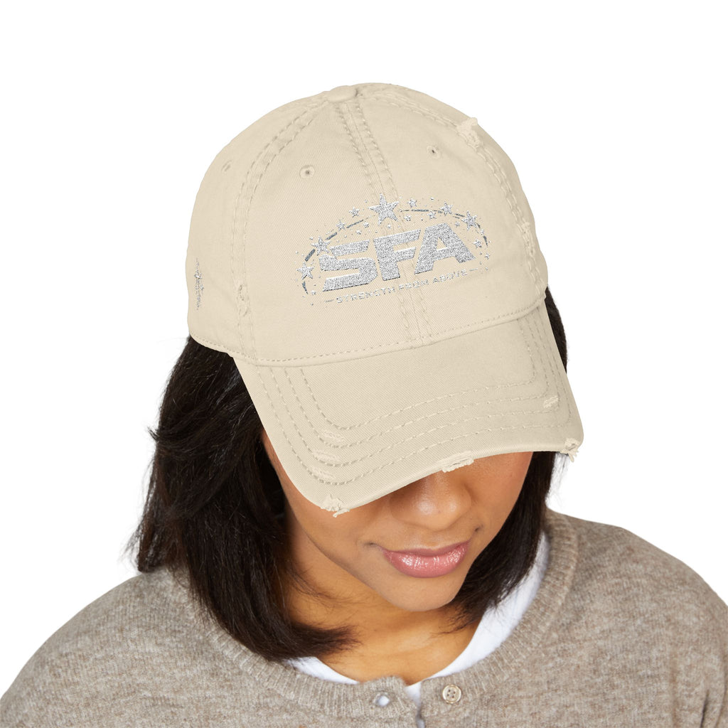 Distressed Embroidered Dad Hat — SFA Stars Logo with 2 Cor 12:10 Back