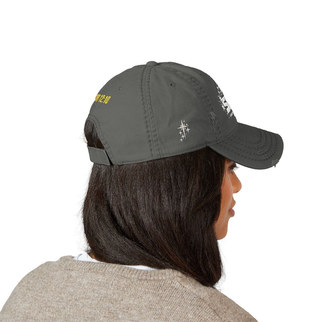 Distressed Embroidered Dad Hat — SFA Stars Logo with 2 Cor 12:10 Back