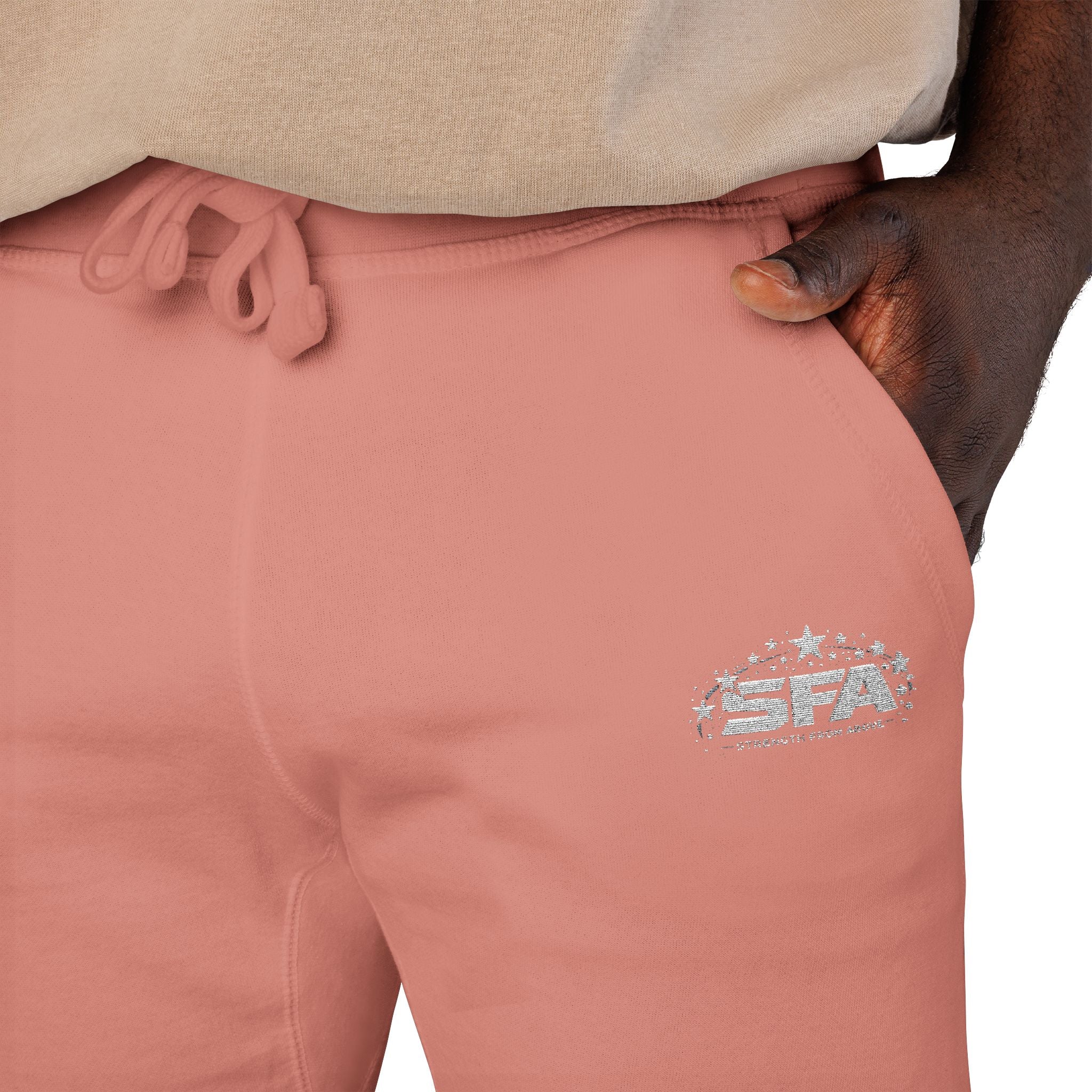 Embroidered Fleece Sweatpants — Cozy Coral Joggers with Subtle Chest Patch
