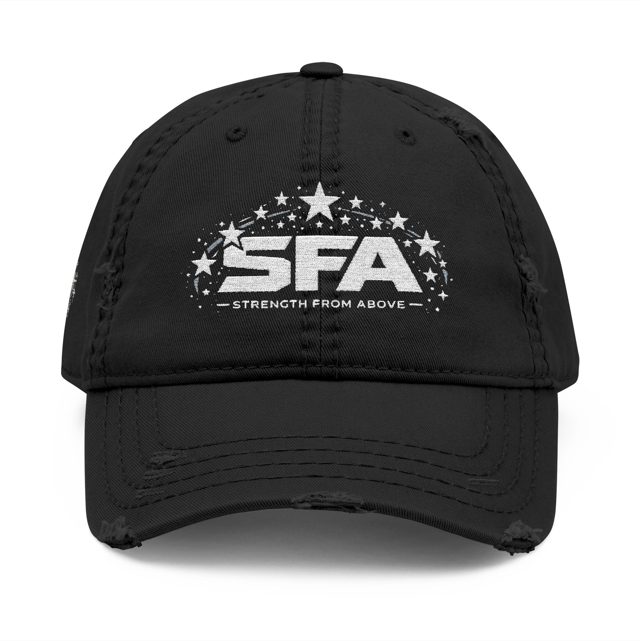 Distressed Embroidered Dad Hat — SFA Stars Logo with 2 Cor 12:10 Back