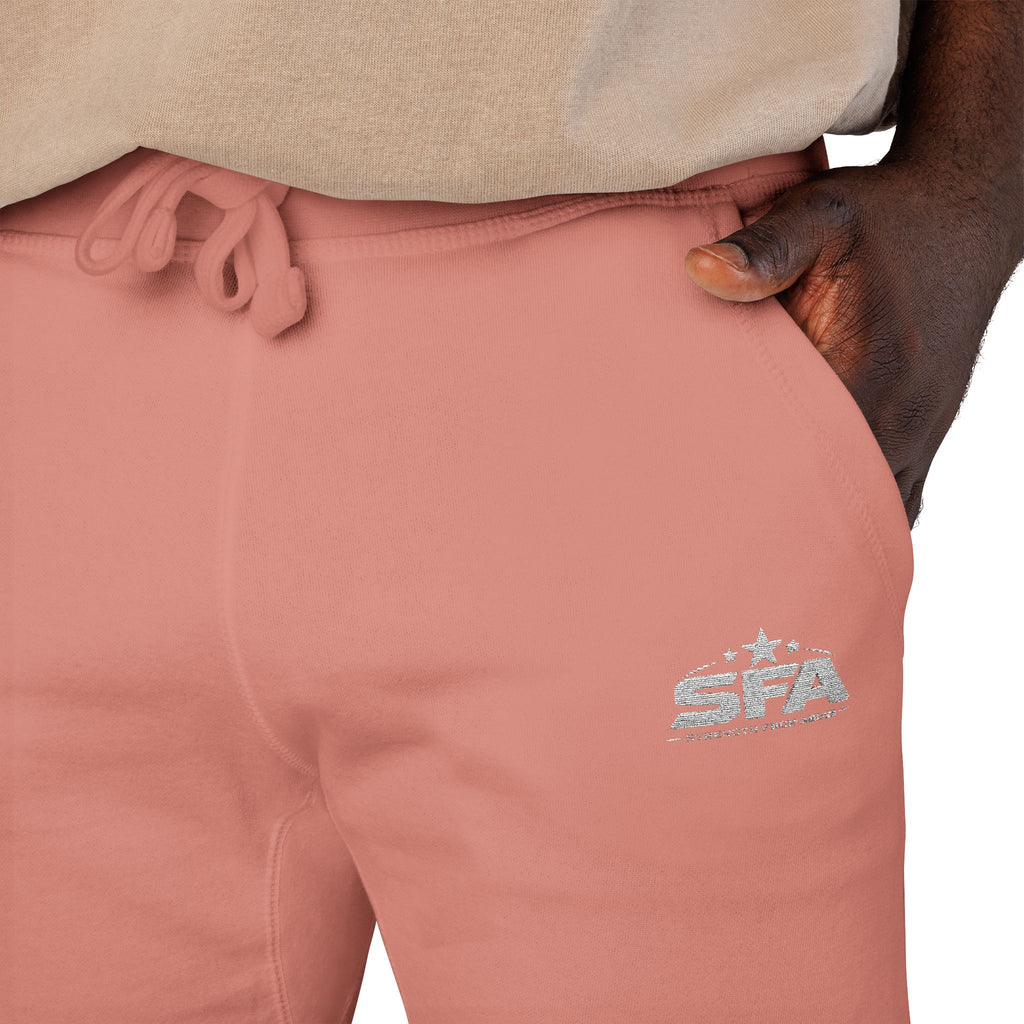 Embroidered Fleece Sweatpants — Cozy Coral Joggers with Subtle Chest Patch