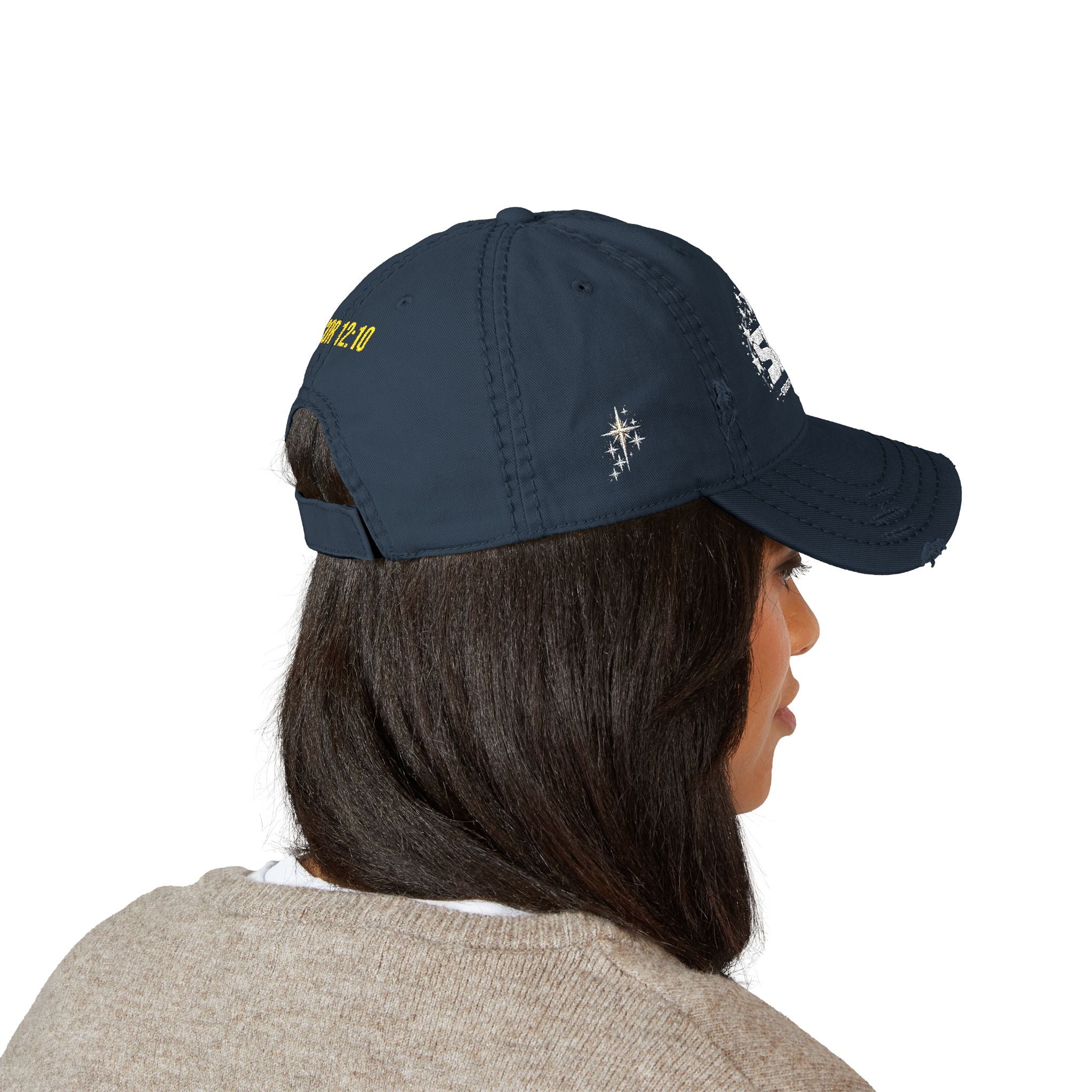 Distressed Embroidered Dad Hat — SFA Stars Logo with 2 Cor 12:10 Back