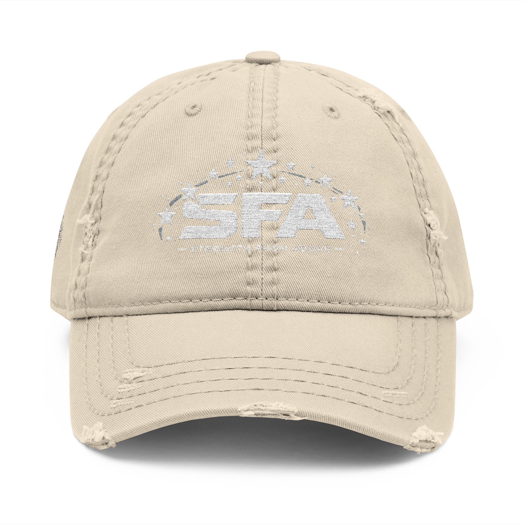Distressed Embroidered Dad Hat — SFA Stars Logo with 2 Cor 12:10 Back