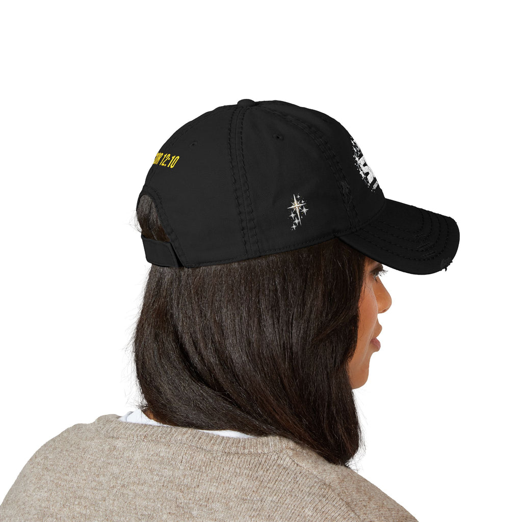 Distressed Embroidered Dad Hat — SFA Stars Logo with 2 Cor 12:10 Back