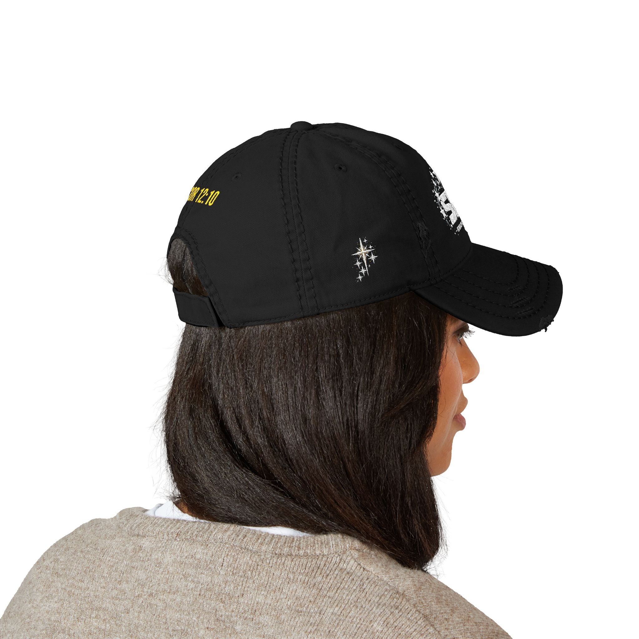 Distressed Embroidered Dad Hat — SFA Stars Logo with 2 Cor 12:10 Back