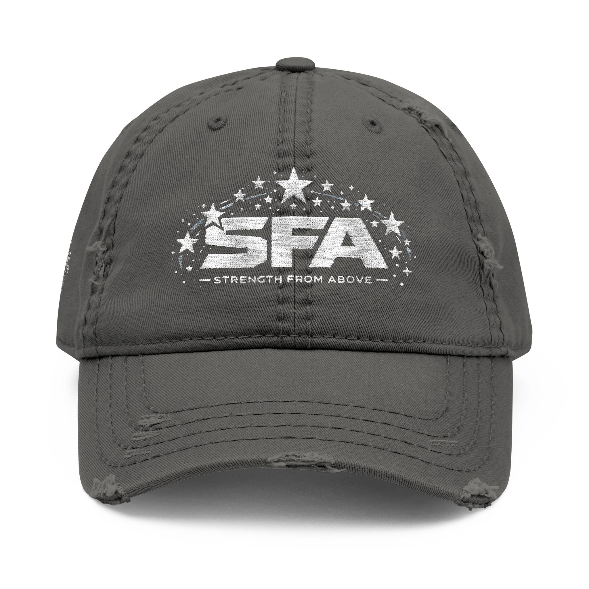 Distressed Embroidered Dad Hat — SFA Stars Logo with 2 Cor 12:10 Back